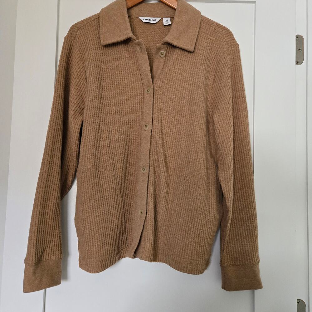 Lands' End Light Toffee Heather Waffle Knit Relaxed Long Sleeve Shirt Jacket
